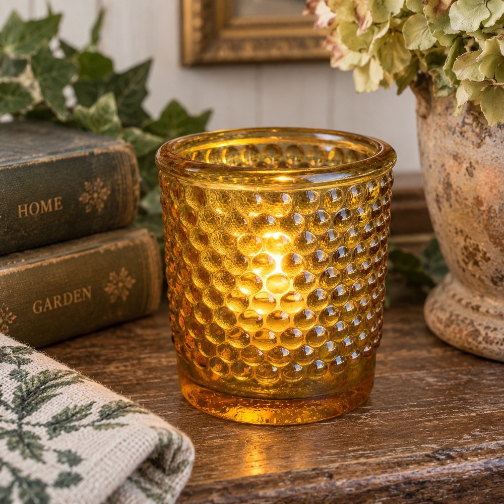 Vintage Amber Glass Hobnail Votive Candle Holder Honey Gold Seeded Base 2.5 inch